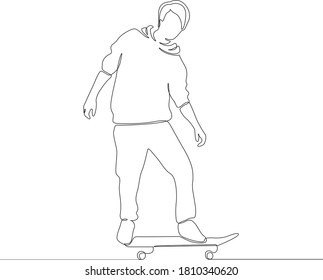 Single continuous line drawing of young cool skateboarder man