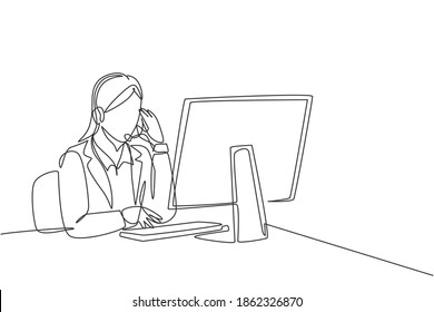 Single continuous line drawing of young happy female call center worker answering complain call from customer kindly. Helpdesk center care concept one line graphic draw design vector illustration