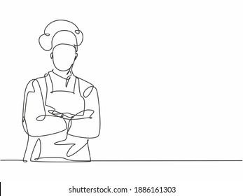 Single continuous line drawing of  young confident handsome male chef in uniform pose standing and crossing arm in chest. Resto banner model concept one line drawing design vector graphic illustration