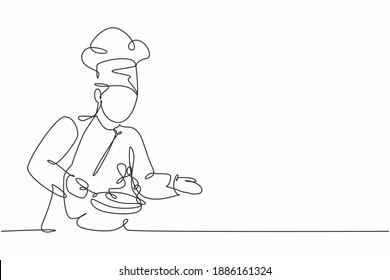 Single continuous line drawing of young handsome male chef preparing to saute vegetables on cooking pan. Healthy organic food concept one line drawing design vector minimalism illustration