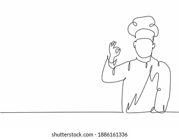Single continuous line drawing of young excited handsome attractive male chef pose standing and giving okay gesture. Restaurant banner concept one line drawing design vector graphic illustration