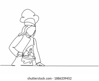 Single continuous line drawing of young beauty female chef preparing to saute vegetables on cooking pan. Healthy organic food concept one line drawing design vector minimalism illustration