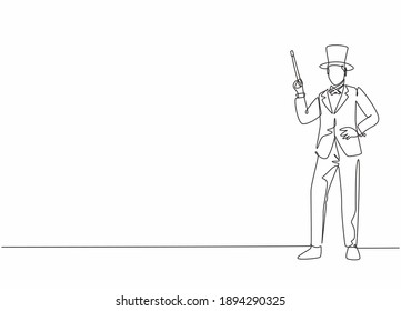 Single continuous line drawing of young male magician in suit standing doing magic trick on stage. Professional work job occupation. Minimalism concept one line draw graphic design vector illustration