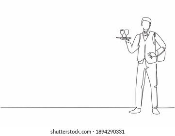 Single continuous line drawing young male waiter pose standing while bringing tray and glass  Professional work job occupation  Minimalism concept one line draw graphic design vector illustration