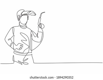 Single continuous line drawing of young male welder wearing mask and holding welding machine. Professional work job occupation. Minimalism concept one line draw graphic design vector illustration