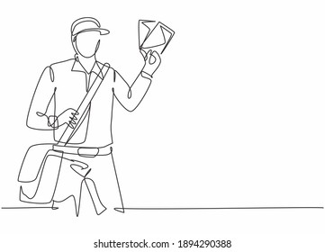 Single continuous line drawing of young postman holding envelopes to be sent to customer. Professional work job occupation. Minimalism concept one line draw graphic design vector illustration