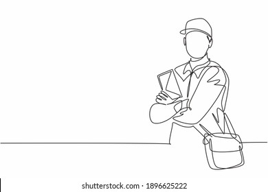 Single continuous line drawing of young postman cross arm on chest and holding envelope letters. Professional work job occupation. Minimalism concept one line draw graphic design vector illustration
