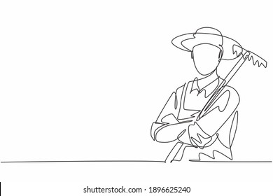 Single continuous line drawing of young male farmer cross arm on chest while holding farm fork. Professional work job occupation. Minimalism concept one line draw graphic design vector illustration