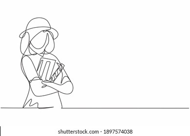 Single continuous line drawing of young female film director cross arms holding clapper board. Professional work job occupation. Minimalism concept one line draw graphic design vector illustration