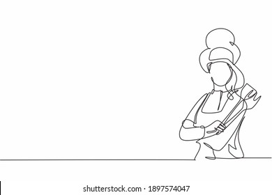 Single continuous line drawing of young female posing cross arm while holding fork and spoon. Professional work job occupation. Minimalism concept one line draw graphic design vector illustration