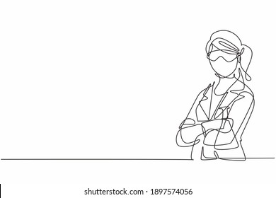 Single continuous line drawing young female scientist wearing goggling and holding flask in lab. Professional work job occupation. Minimalism concept one line draw graphic design vector illustration