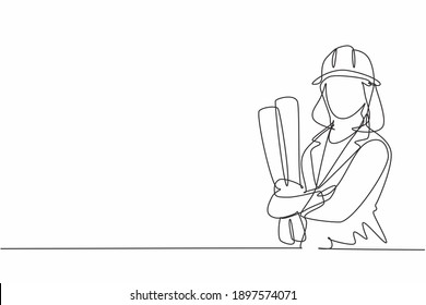 Single continuous line drawing of young female architect holding blueprint paper pose cross arms. Professional work job occupation. Minimalism concept one line draw graphic design vector illustration - Shutterstock ID 1897574071