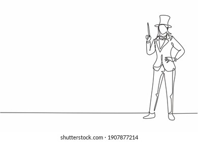 Single continuous line drawing young beauty female magician holding magic wand with hands on hip. Professional work job occupation. Minimalism concept one line draw graphic design vector illustration