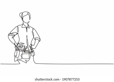 Single continuous line drawing of young beautiful and skillful handywoman holding hands on hip. Professional work job occupation. Minimalism concept one line draw graphic design vector illustration