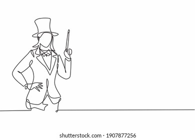 Single continuous line drawing of young female magician holding magic wand with hands on hip. Professional work job occupation. Minimalism concept one line draw graphic design vector illustration