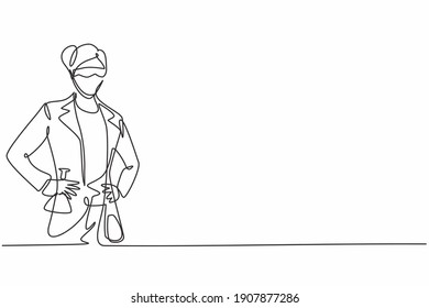 Single continuous line drawing of young female scientist holding flask with hands on hip. Professional work job occupation. Minimalism concept one line draw graphic design vector illustration
