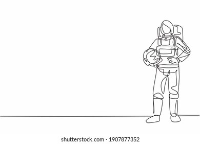 Single continuous line drawing of young female astronaut holding helmet with hands on hip. Professional work job occupation. Minimalism concept one line draw graphic design vector illustration