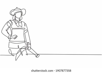 Single continuous line drawing of young beauty brave female firefighter holding hands on hip. Professional work job occupation. Minimalism concept one line draw graphic design vector illustration