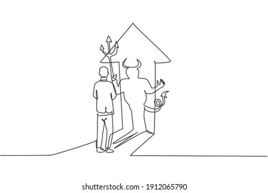 Single continuous line drawing of young evil worker facing his devil shadow on the wall. Bad character businessman. Minimalism concept dynamic one line draw graphic design vector illustration