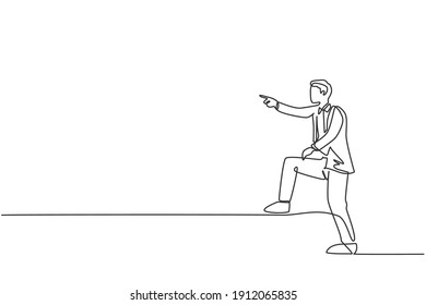 Single continuous line drawing young business man pointing finger forward while step up on stairs. Professional businessman. Minimalism concept dynamic one line draw graphic design vector illustration