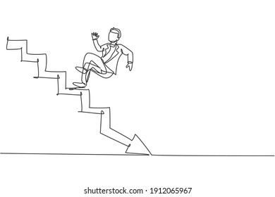 Single continuous line drawing of young business man slip down from up stairs to down floor. Broke professional businessman. Minimalism concept dynamic one line draw graphic design vector illustration