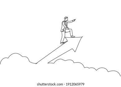 Single continuous line drawing young male worker riding arrow sign up through the cloud and sky. Professional businessman. Minimalism concept dynamic one line draw graphic design vector illustration