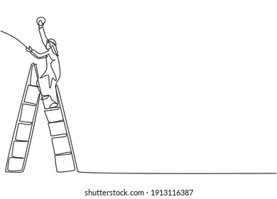 Single continuous line drawing of young Arabian handyman climb the ladder up to fix a bulb lamp. Professional worker. Minimalism concept dynamic one line draw graphic design vector illustration