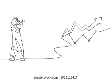 Single continuous line drawing of young Arabian businessman looking increase investment progress graph. Professional worker. Minimalism concept dynamic one line draw graphic design vector illustration