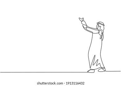 Single continuous line drawing of young Arabian businessman lifting his hands upward sky to pray to the God. Prayer worker. Minimalism concept dynamic one line draw graphic design vector illustration