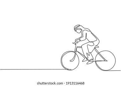 Single continuous line drawing of young Arabian businessman riding bicycle go to the office. Sporty professional worker. Minimalism concept dynamic one line draw graphic design vector illustration