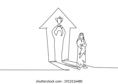 Single continuous line drawing of young Arabian businessman standing with shadow lifting a trophy on wall. Champ employee. Minimalism concept dynamic one line draw graphic design vector illustration