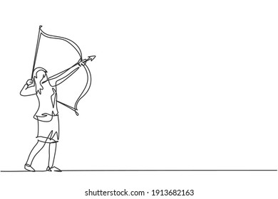Single continuous line drawing of young beauty businesswoman aim target goal with arrow bow. Professional hard worker. Minimalism concept dynamic one line draw graphic design vector illustration