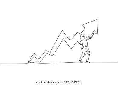 Single continuous line drawing of young beauty businesswoman draw increasing sales grow graph on wall. Professional worker. Minimalism concept dynamic one line draw graphic design vector illustration