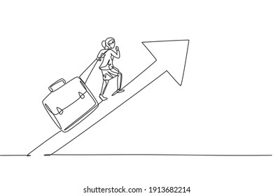 Single continuous line drawing young beauty businesswoman pulling giant leather briefcase to arrow up. Professional worker. Minimalism concept dynamic one line draw graphic design vector illustration