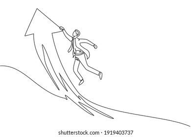 Single continuous line drawing of young business man holding on the up arrow symbol. Attractive professional businessman. Minimalism concept dynamic one line draw graphic design vector illustration