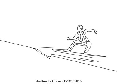 Single continuous line drawing of young business man flying fast using arrow symbol. Attractive professional businessman. Minimalism concept dynamic one line draw graphic design vector illustration