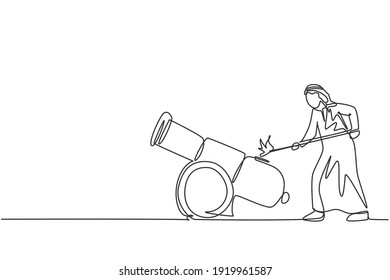 Una sola línea contínua dibujando el fuego de un joven empresario árabe sobre un arma de mecha de cañón. Una metáfora profesional inteligente del gerente. Concepto minimalista dinámica diseño gráfico de trazos de una línea ilustración vectorial