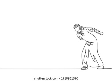Single continuous line drawing of young Arab businessman walking with his hunchback body. Struggling professional manager. Minimalism concept dynamic one line draw graphic design vector illustration