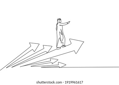 Single Continuous Line Drawing Young Arab Businessman Ride Rapid Up Arrows Symbol. Smart Strategy Of Professional Manager. Minimalism Concept Dynamic One Line Draw Graphic Design Vector Illustration