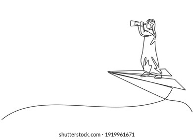 Single Continuous Line Drawing Of Young Arab Businessman Analyzing Opportunity While Flying With Paper Plane. Smart Business Vision. Minimalism Concept One Line Draw Graphic Design Vector Illustration