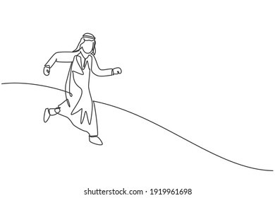 Single continuous line drawing of young Arab businessman running fast to chase business goal. Hard worker manager, metaphor. Minimalism concept dynamic one line draw graphic design vector illustration