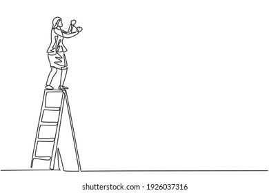 Single continuous line drawing of young female manager climb ladder to fix lamp at the office. Professional businesswoman. Minimalism concept dynamic one line draw graphic design vector illustration