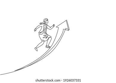 Single continuous line drawing young female manager jumping high up arrow symbol to reach goal. Professional businesswoman. Minimalism concept dynamic one line draw graphic design vector illustration