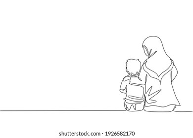 Single continuous line drawing young Arabian mom talking   sitting together and her boy  Islamic muslim happy family parenthood concept  Trendy one line graphic draw design vector illustration