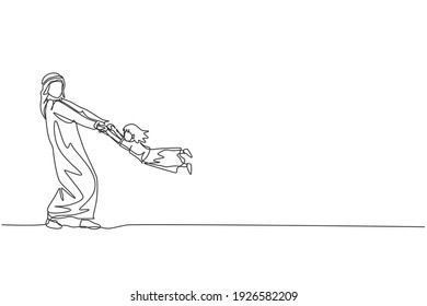 Dibujo de una sola línea contínua de un joven padre árabe jugando con su chica balanceándose en casa. El concepto de paternidad familiar feliz de los musulmanes islámicos. Ilustración del vector de diseño de dibujo gráfico de una línea