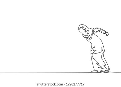 Single continuous line drawing of young angry female Arab entrepreneur make butting gesture ready to hit obstacle. Minimalism metaphor concept dynamic one line draw graphic design vector illustration