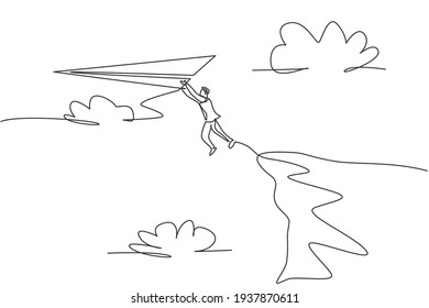 Single continuous line drawing young businessman jumping from cliff edge to reach flying paper airplane. Business metaphor concept. Minimalism dynamic one line draw. Graphic design vector illustration