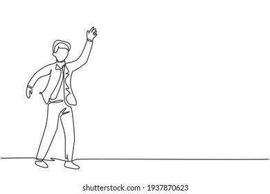 Single continuous line drawing young business man waving hand to his business colleague. Professional businessman teamwork concept. Minimalism dynamic one line draw. Graphic design vector illustration