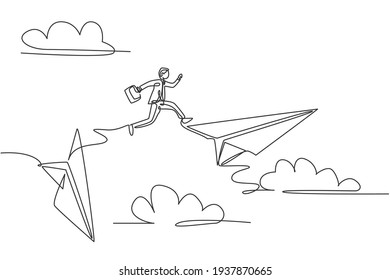 Single continuous line drawing young business man jumping from crash paper airplane to the flying plane. Professional businessman concept. Minimalism one line draw. Graphic design vector illustration