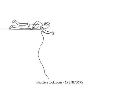 Single continuous line drawing young business man lay down on edge cliff to reach his partner. business teamwork metaphor concept. Minimalism dynamic one line draw. Graphic design vector illustration